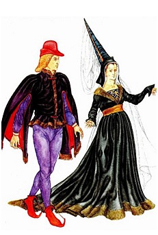Мужские и женские готические костюмы и платья средневековья